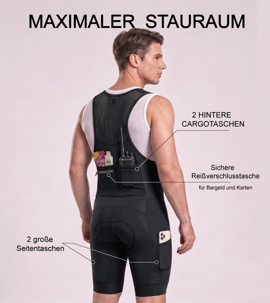 CEROTIPOLAR Pantaloncini da ciclismo da uomo, con imbottitura a lunga distanza, traspiranti, ad asciugatura rapida, protezione solare UPF50+, Nero , L