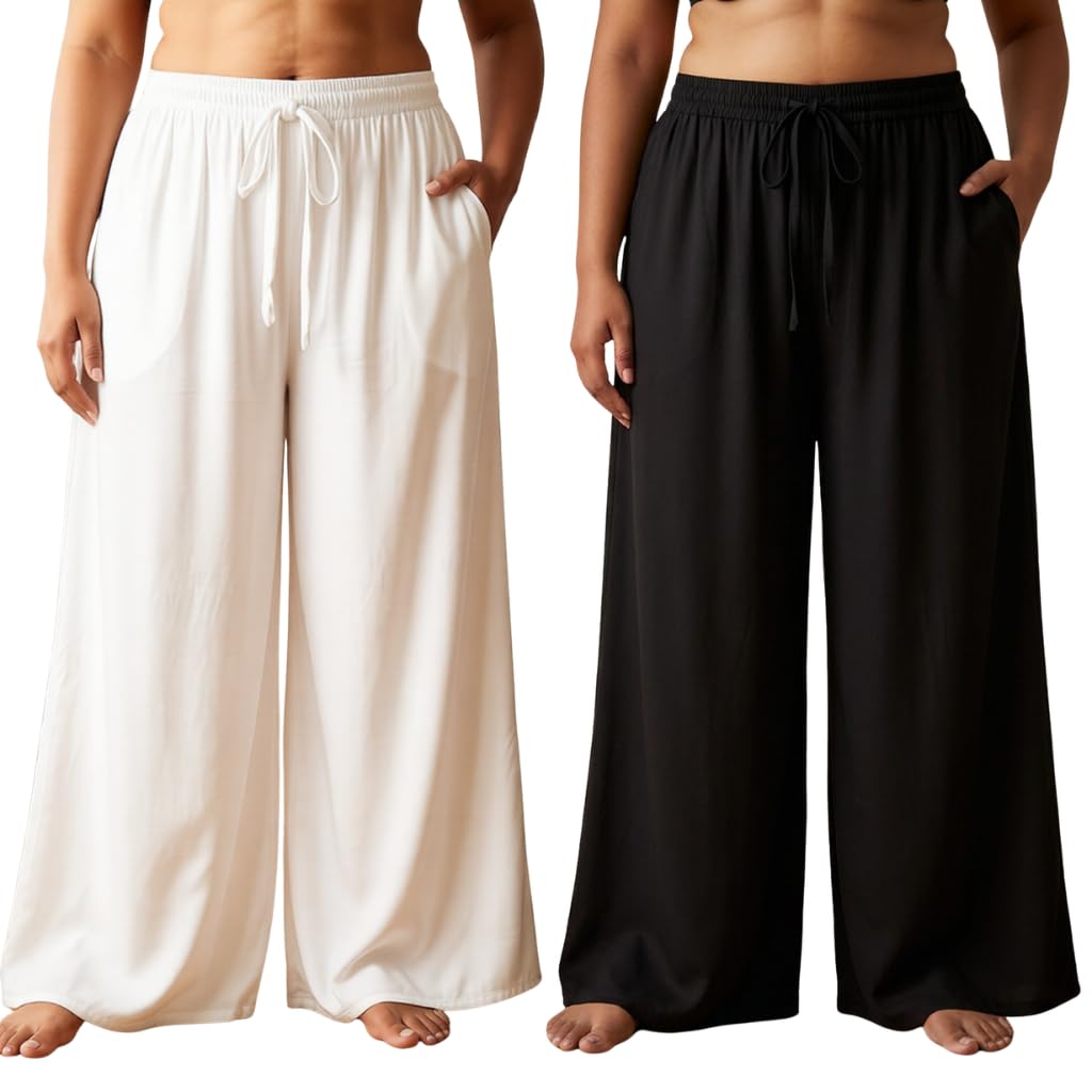 Premium Rayon Palazzo Pants for Women | High Waist Wide Leg Full Length Palazzo | Elastic Waist with Drawstring | Side Pockets | Comfortable Casual-image-20