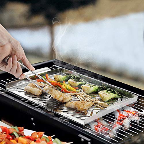 Extreme Salmon Bbq Grill Pan For Vegetables, Embossed Stainless Steel Grill Topper Pan With Handles Professional Grill Cookware Grill Accessories For Barbecue Grills Outdoor Cooking #TOP5