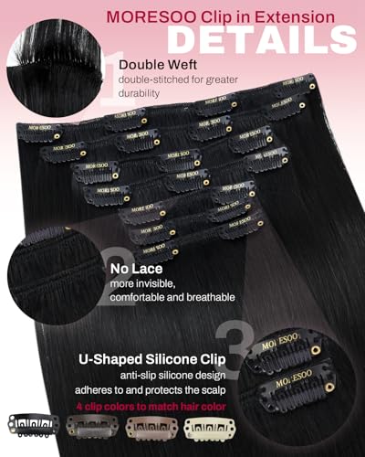 Image of Moresoo Real Hair Extensions Clip ins Human Hair Black Double Weft Clip on Extensions Human Hair Jet Black Remy Clip in Hair Extensions Real Human Hair Full Head Set 7pcs /150g 22inch