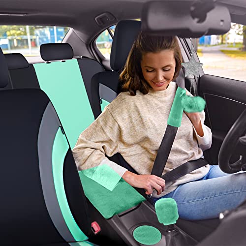 Jingsen 17 Car Seat Cover Full Set For Women, Universal Car Seat Cover, Plush Steering Wheel Cover, Fluffy Soft Wool Handbrake Gear, Suspension Accessories Full Suv(Mint Green) #TOP5