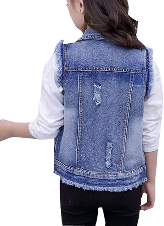 Girls Casual Ripped Denim Vest Jacket Burr Childs Turn Dwon Collar Vest Jeans Tops Sleeveless Jackets Trendy Outwear3