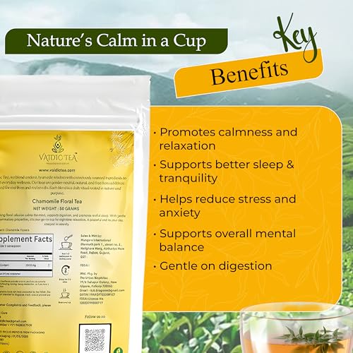 Image of VAIDIC TEA Chamomile Tea, 50g, Herbal Tea, Caffeine Free, Supports Calm Sleep & Relaxation, Flower Based, Non-Bitter, Zipper Pack