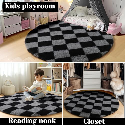 Image of KICMOR Round Rugs 6ft Black and Grey Circle Area Rug, Fluffy Soft Fuzzy Shag Shaggy Bedroom Living Room Carpet, Indoor Checkered Circular Rug for Teen Kids Boys Girls Home Decor Aesthetic, Nursery