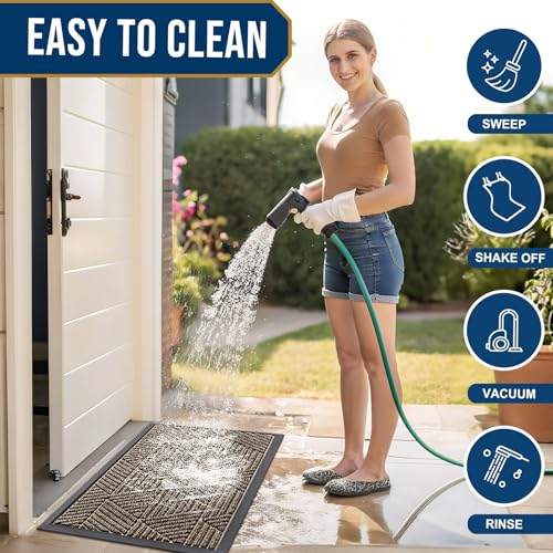 Image of Smiry Front Door Mat Outside Entrance, Heavy Duty Sturdy Natural Rubber Doormat, Trap Dirt and Moisture, Easy Clean Low Profile Mats for Indoor Outdoor Entry, Irregular Triangle (59x20, Brown)