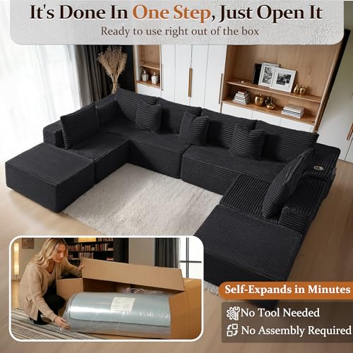 Image of 138 inch Cloud Sectional Couch, Comfort U Shaped Sofa for Living Room, Extra Deep Seats No Assembly, Minimalist Modular Couch, Corduroy (Black, 8 Seats,U-Shape A)