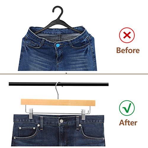 Amkufo 20Pcs Wooden Pants Hangers Solid Pants Hangers With Adjustable Clips 14 Inch Natural Wood Skirt Hangers Trousers Bottom Hangers With Non-Slip Clips And 360° Swivel Hook #TOP5