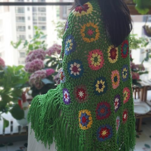 Handmade Crochet 70x34in Fringed Poncho Cape Shawls Wraps Granny Square Womens Coat Sweater4