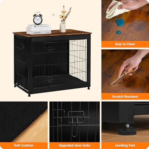 DWANTON Dog Crate Furniture with Cushion, Wooden Kennel Table with Double Doors, Indoor Dog House, Medium Size, 32.5" L, Black+Rustic Brown - Image 6