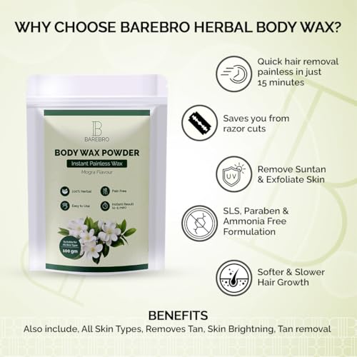 Image of Mogra Hair Removal Wax Powder for Women & Men | Professional & Painless Herbal Wax Powder with Natural Ingredients for All Skin Types | Quick, Easy to Apply Hair Removal for Smooth Skin with No Irritation or Skin Rashes 100 gms