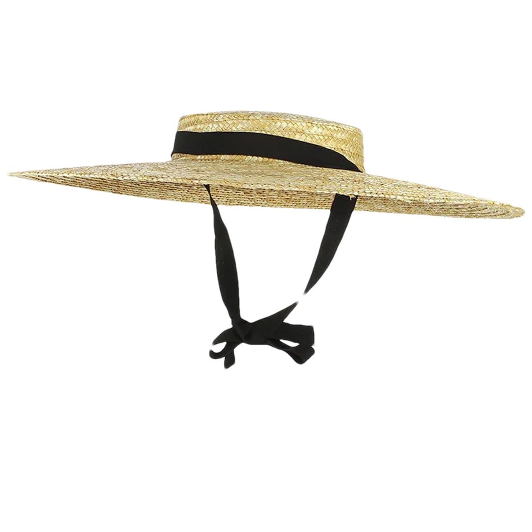 Generic Sombrero de paja natural para mujer, hecho a mano, de ala ancha, elegante, con parte superior plana, correa de cinta larga