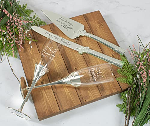 Lenox True Love Personalized Wedding Bundle, Includes Custom Engraved Wedding Cake Knife And Server Set With Matching Champagne Toasting Flutes For Bride And Groom Silver #TOP2