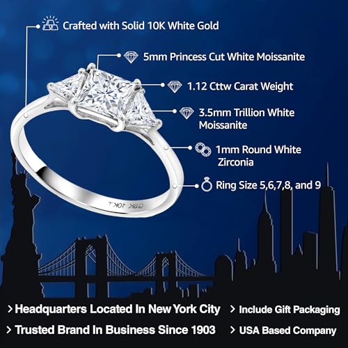Gem Stone King 10K White Gold White Moissanite Engagement Ring | 1.12 Cttw | Princess Center 5MM | Trillion 3.5MM | 3 Stone Wedding Anniversary Promise Ring For Women2