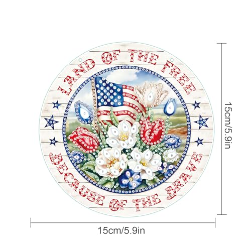 Image of DIY Independence Day Diamond Painting Hanging Kit, 5D Acrylic Special Shaped Crystal Diamond Art Pendant, inchLand of The Free inch Patriotic Wall Decor for Home, Door, or Garden, 4th of July Gift for Adults