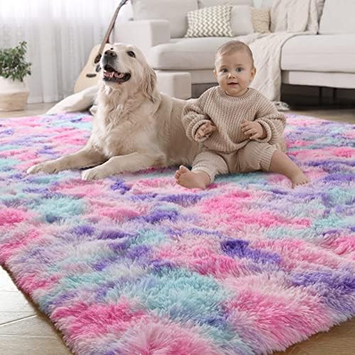 LOCHAS Luxury Fluffy Rainbow Area Rug for Girls Bedroom 4x6, Soft...