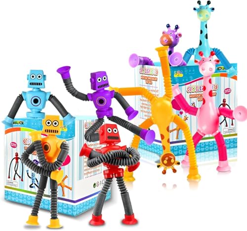Image of 8pc Robot Giraffe Sensory Travel Toys for Toddlers Boy Ages 3 4 5 6 7 8, Airplane Activities Suction Autism Pop Tube Fidget Autistic Stocking Easter Basket Stuffer Valentine Gift for Kids
