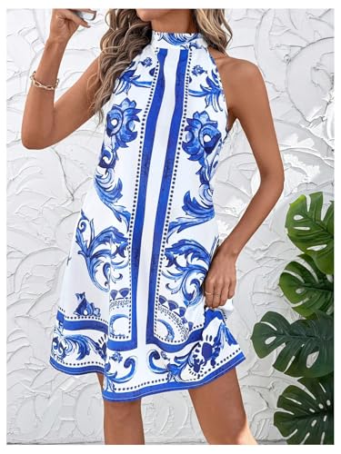 Image of Floerns Women's Sleeveless Floral Print Sundress Halter Neck A Line Short Dress