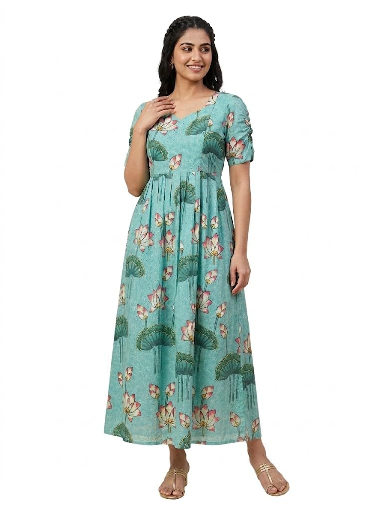 Women's Hakoba Cotton Printed Maternity Maxi Dress | Lotus Print Feeding Kurti with Double Side Hidden Zippers, Adjustable Back Rope & Pocket - Sea Green-image-46