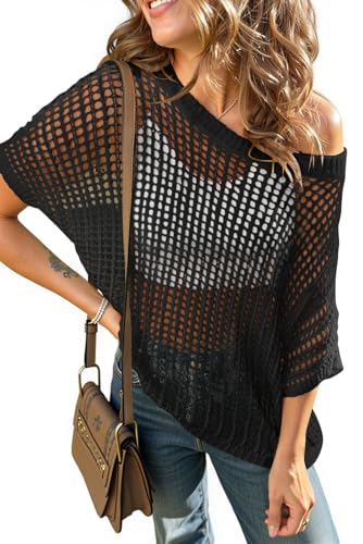 UEU Womens Summer Short Sleeve Crochet Tops Casual Off The Shoulder Knit Sweater Hollow Out Swim Beach Cover Up