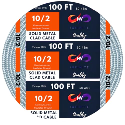 VN Infinite quality MC Cable 10/2 - Metal Clad - Aluminium Armor Solid Copper Conductor - Cable for Indoor (100 Ft)