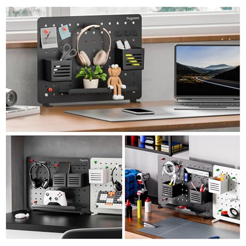 Image of PEGZONE Clamp on Desk Pegboard, 16.5 inch x 12.6 inch, with 10 Accessories, Black | Magnetic Metal Peg Board, Desk Organizer for Office Gaming Home, Privacy Panel, Medium