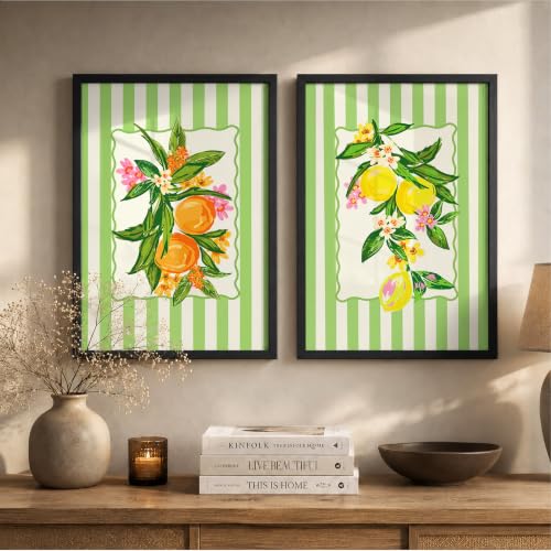 Image of Suneree Botanical Fruit Wall Art Set of 2 Framed Paintings | Lemon Orange Illustration Green Striped Poster | Kitchen Dining Room Home Decor (Art 12, 10x13 Inches, Black)