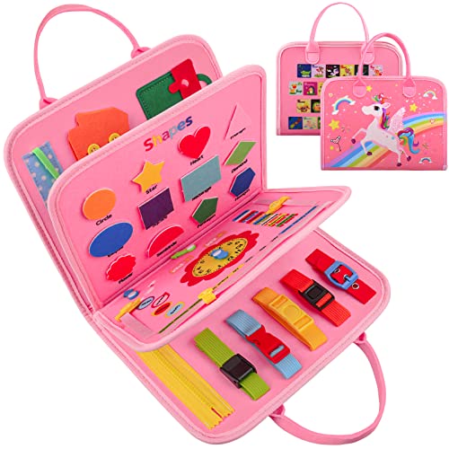Busy Board per i più piccoli 34 in 1 Montessori giocattoli per 2 3 4 5 6 anni portatili da viaggio per ragazze regali unicorno rosa