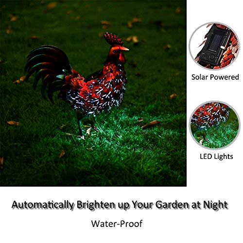 Kircust Solar Metal Rooster Animal Lights Garden Sculptures Art Decor, Outdoor LED Light Patio Lawn Back Yard Color Chicken Statue Decoration,13.98" WX5.9 DX16.74 H - Thumbnail 2