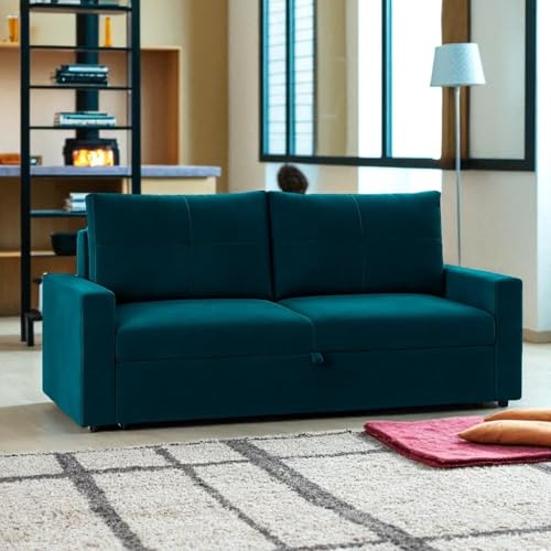 Image of CASASTYLE Seria 2 Seater Pull-Out Premium Fabric Sofa Cum Bed Sofa Set for Living Room (Greenish Teal) Velvet Finish | Comfortable Sofa Bed