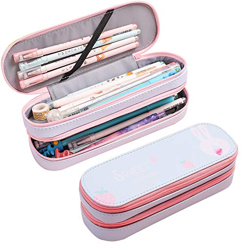 DIFFLIFE Cute Pencil Case, 2019 New Kawaii Large Capacity Pencil Pouch, Double Compartment Pen Bag, Waterproof & Durable Stationery Storage with Zippers for Children, Office, School (Rabbit) (YUNDA)