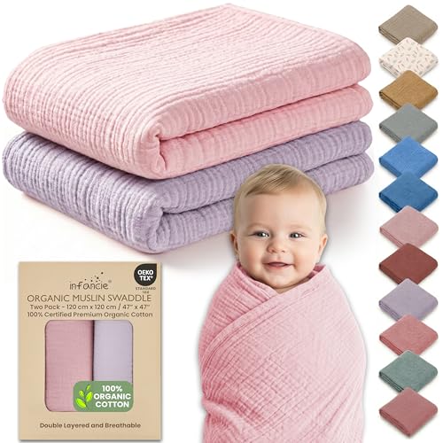 Image of infancie 100% Organic Cotton Muslin Baby Blanket - 47 x 47 Inch Breathable Baby Swaddle Blanket, Hypoallergenic Double-Layer, Soft Newborn Baby Blanket for Everyday Use (Light Pink/Light Purple)