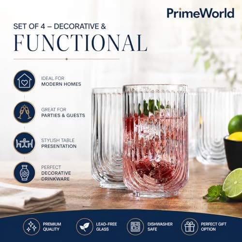 Image of PrimeWorld Vintage Ribbed Drinking Glasses Set of 4-520 ml | Heavy Big Size Art Deco U-Shape Arch Design Colored Glass Tumblers for Water, Juice, Cocktails | Decorative Party Glassware