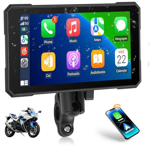 CAMECHO Motorcycle Carplay Screen with Wireless Android Auto 5 Inch Waterproof Touchscreen Car Stereo with Bluetooth Navigation Siri/Google Voice Control for Moto Motorbike