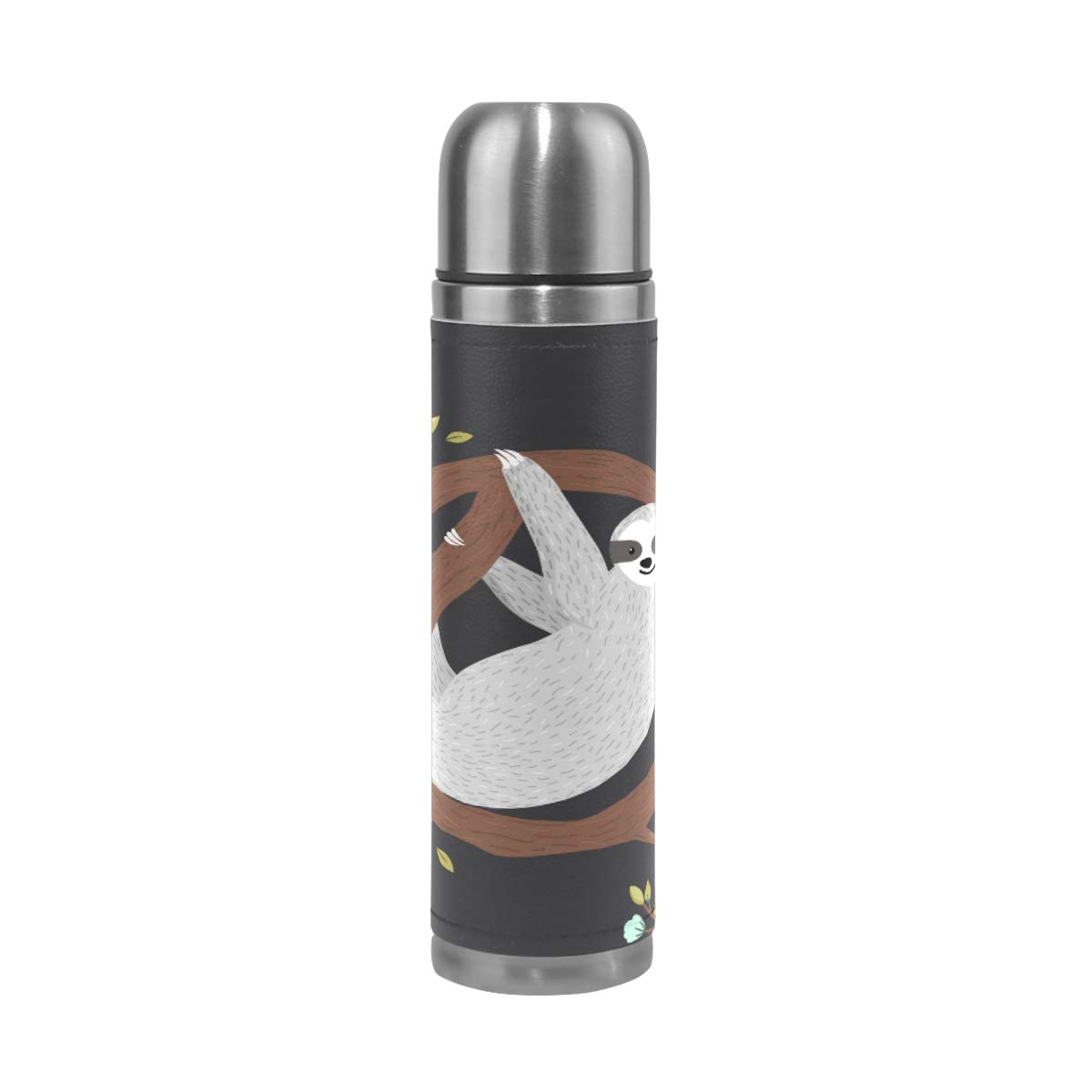 Taza de viaje aislada al vacío de acero inoxidable con doble pared a prueba de fugas, botella con diseño de árbol de perezoso, personalizable con impresión en piel auténtica, 500 ml