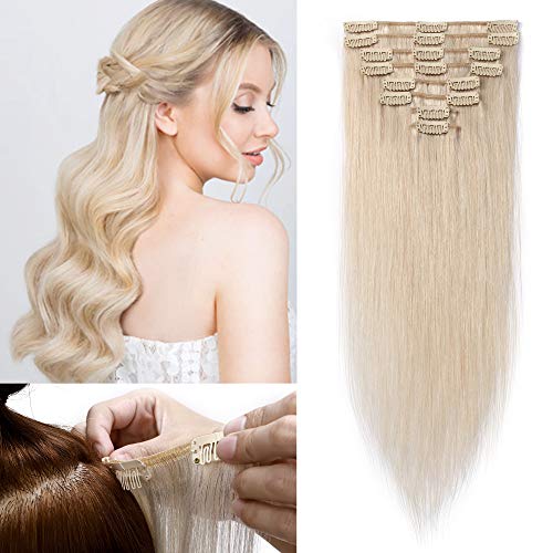 S-noilite Clip in Human Hair Extension 18 Inch 70g 8 Pieces 18 Clips Clip on Remy Hair Extensions Blonde Thin Straight Long Clip in Hairpieces For Women #70 Bleach White