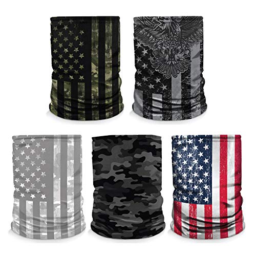 [5 Pack] Neck Gaiter - Face Mask - Made in USA. Green Camo/Eagle/Snow Flag/Black Camo/US Flag - Not Machine Specific