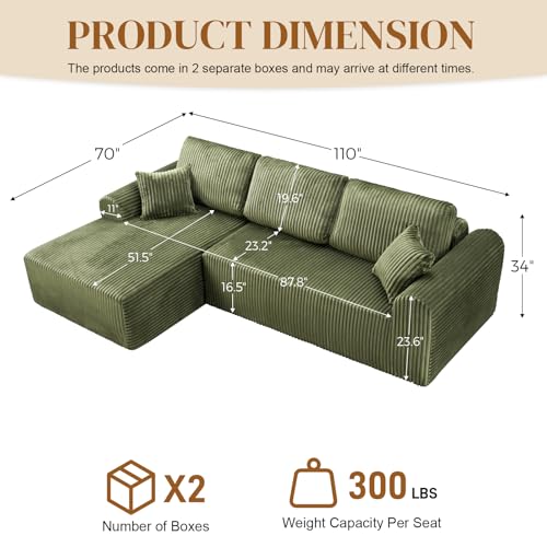 Image of 110 inch L Shaped Boneless Sectional Couches for Living Room, Comfy Corduroy Floor Cloud Sofa with Chaise, Wide Armrest, Deep Seat, Memory Foam, Assembly Free, Ideal for Small Spaces, Green