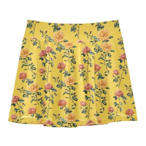 Vintage Rose Floral Girls Skorts with Built in Shorts Flowy Little Girls Golf Skirt Kids Cheer Skirt with Pockets 4-12Y