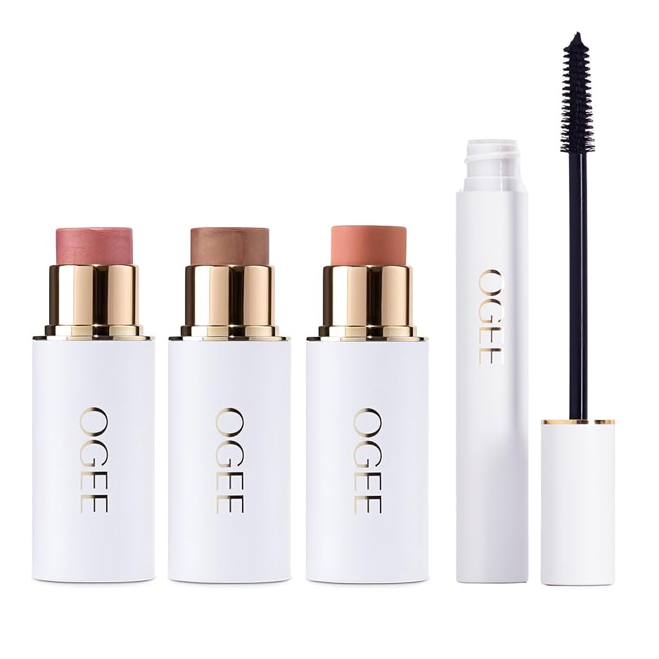 Ogee Volumizing Mascara & Face Stick Trio Bundle - Organic Black Mascara with Golden Contour Collection