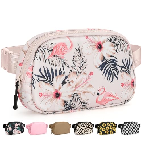 Pritent Fanny Packs for Women Cross Body Bag Waterproof Belt Bag with Adjustable Strap and Zipper Back Pocket Small Crossbody Bags Fashion Waist Packs for Workout Travelling(Flamingo Print)