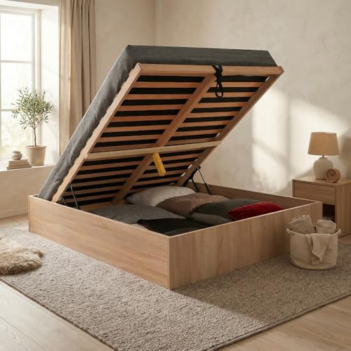 WEBER INDUSTRIES Lit Coffre Bilbao 160x200 cm + sommier/Décor chêne Blanchi