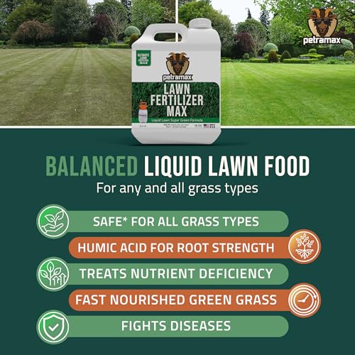 PetraMax Liquid Lawn Fertilizer for Lawns Concentrate - Liquid Fertilizer for Lawns, Food for Grass - 16-4-8 High Nitrogen Lush Green Grass, Phosphorus for Strong Roots - Apply Spring & Summer (32 oz)