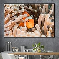 Framed Canvas Wall Art Clownfish Colorful Fish Group Marine Life Multicolor Nautical Photography Realism Ultra - 16x24 inches