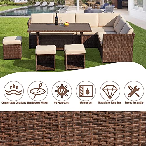 Image of DEVOKO 6 PCS L-Shape Wicker Patio Dining Sectional Conversation Sofa Set and Wooden Top Dining Table, Ottomans and Cushions (Dark Brown & Cream)