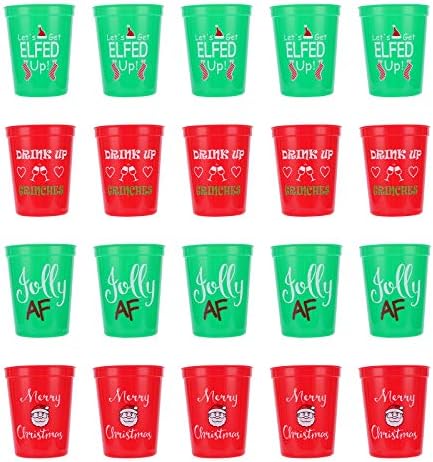 Christmas Plastic Party Cups - 20 Pack Reusable Tumblers, 16oz Plastic Holiday Stadium Cups, 4 Festive Drinking Pun Designs, Perfect for Christmas Party Supplies
