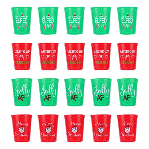 Christmas Plastic Party Cups - 20 Pack Reusable Tumblers, 16Oz Plastic Holiday Stadium Cups, 4 Festive Drinking Pun Designs, Perfect For Christmas Party Supplies #TOP1