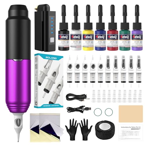 Kit de Máquina de Tatuar Solong Incluye 10 Cartuchos de Agujas, 7 Botellas de Tinta y Fuente de Alimentación de 1500mAh Ideal para Principiantes y Tatuadores Profesionales SLP51KITEU-4-SLG