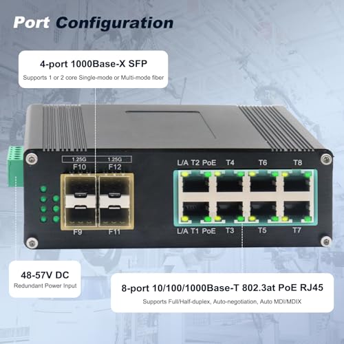 Image of Industrial Managed 8-Port 10 /100 /1000Base-T PoE Switch with 4-Port 1000Base-X SFP, IEEE 802.3af /at 30W PoE Ethernet Switch, L2 Web Management Support Ring Network by USB-C Port Connection