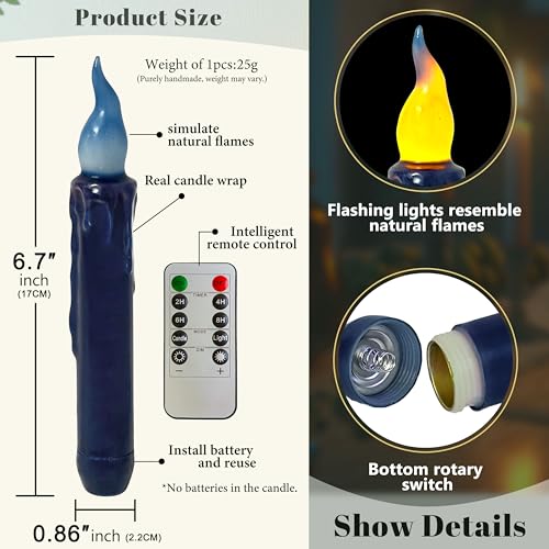Image of Real Wax LED Flameless Navy Short Taper Candles with Remote, 6.7 Inches Candlesticks, Dripless Battery Operated Flame Rustic Primitive Flameless Lights Decor, Pack of 4