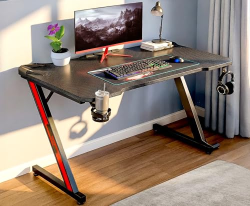 White Mulberry Gaming Desk, Computer Desk with Carbon Fiber Surface, Z Shaped Gaming Table, Computer Table, Workstation, Home Office Desk with Cup Holder and Headphone Holder | (110 * 60 * 75 CM)